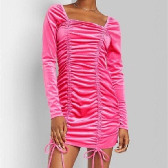 Bodycon Dress Long Sleeve Velvet Ruched Women's Wild Fable. Y2K hot pink - Picture 1 of 13